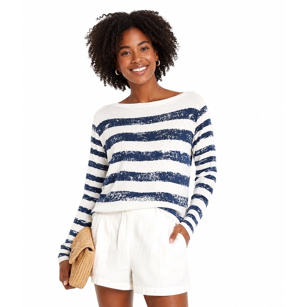 Ann Taylor Loft Striped‎ Long Sleeve Boat Neck Top Blue White M Coastal 88-24